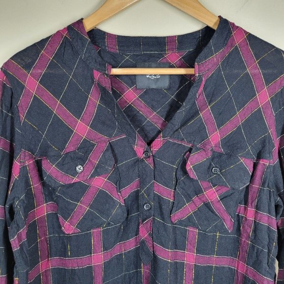 Rails Redding Plaid Top Black Wine Gold Medium Rayon Linen Half Button - Picture 2 of 7